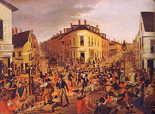 The Five Points district of lower Manhattan, painted by George Catlin in 1827. New York’s first free Black settlement, it became a mixed-race slum, home to Blacks and Irish alike, and a focal point for the stormy collective life of the new working class. Cops were invented to gain control over neighborhoods and populations like this.